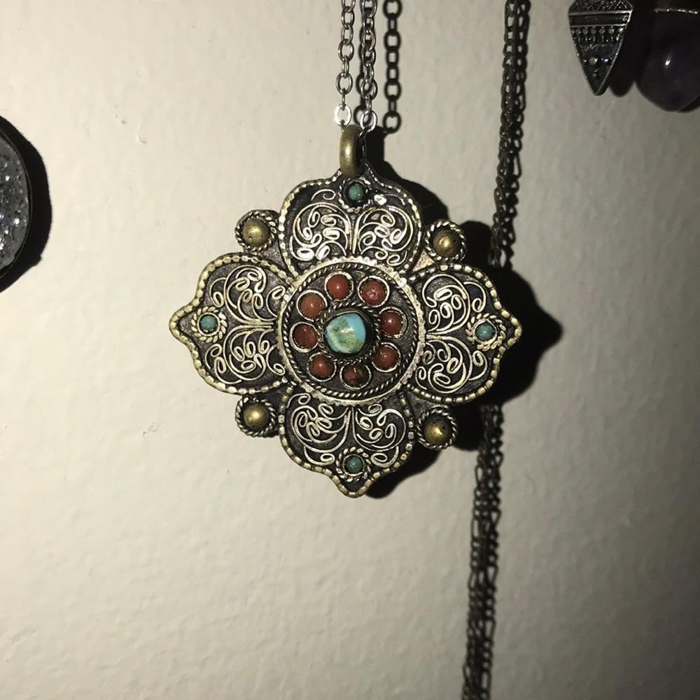 Silver, Turquoise, & Amber Pendant